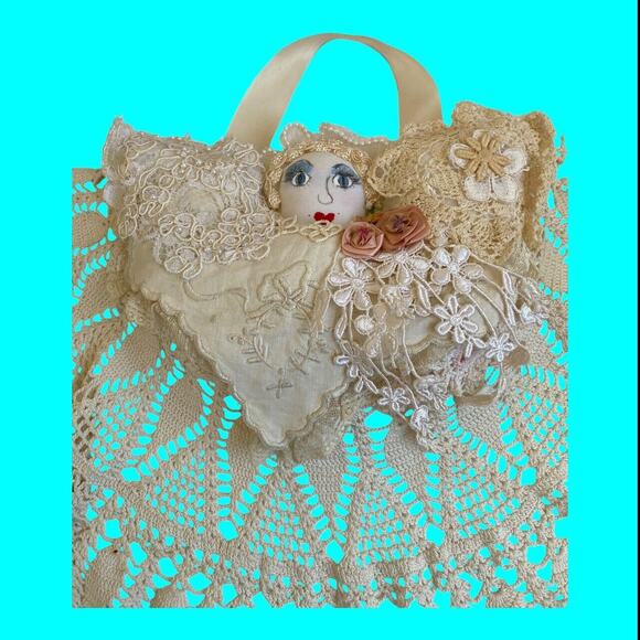 Vtg Handmade Hanging Doll Pin Cushion Crochet Doily Skirt Appliqués Ribbon 20x12 - Picture 9 of 10